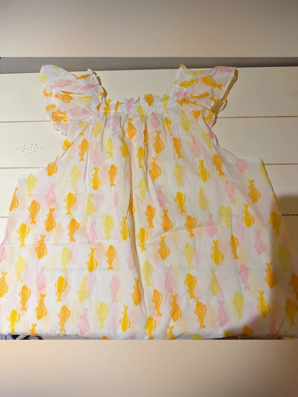 Crewcuts Girls White Fish Dress Smocked Ruffle Flutter beach cover up XL 12-14